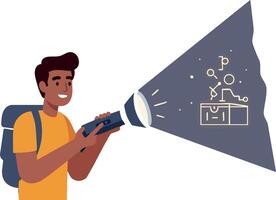 Young man exploring science with flashlight and backpack illustration vector