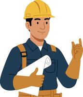 Construction worker with safety helmet holding blueprint illustration in blue and yellow colors vector