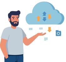 Man using cloud data storage concept with upload and download arrow icons illustration vector