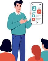 Man Giving Presentation with Mobile Phone Showing Social Media Analytics Illustration vector