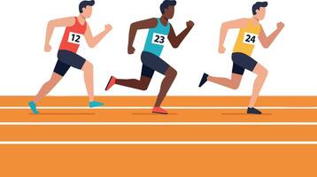 Three Male Runners Competing in Track and Field Race Sprinting on Running Track vector