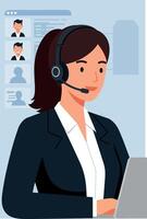 Customer service representative woman working with headset and computer in office illustration vector