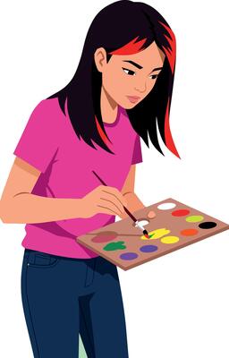 Young woman painting with colorful palette in casual clothes illustration