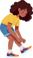 Girl tying shoelaces on colorful sneakers in casual summer outfit illustration vector