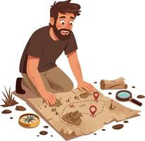 Man exploring treasure map with compass and magnifying glass illustration vector