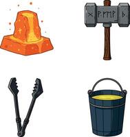 Blacksmith Tools with Glowing Anvil Hammer Tongs and Bucket Illustration vector
