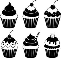Cupcakes with various toppings cherries and cream illustration in black and white vector