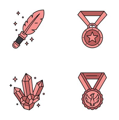 Magical feather pen crystal cluster medal illustrations in pink set