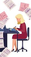 Woman working at desk with calculator surrounded by documents and papers illustration vector