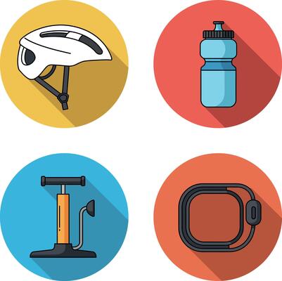 Bicycle Helmet Water Bottle Air Pump and Lock Icons in Colorful Circles with Long Shadows