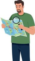 Man examining city map with magnifying glass for travel and navigation planning vector