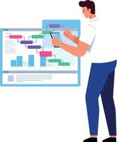 Man working on project management timeline chart with colorful bars and graphs illustration vector
