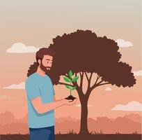 Man holding small plant in hands with large tree silhouette in background illustration vector