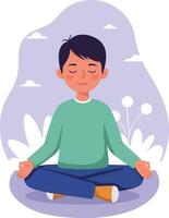 Meditation boy sitting cross-legged in green sweater practicing mindfulness calm environment vector