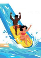 Two people enjoying water slide summer fun in bright pool illustration vector
