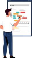 Man Analyzing Workflow Charts on Digital Screen in Office Workspace Illustration vector