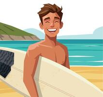Smiling man holding surfboard on sunny beach with ocean waves and cliffs illustration vector