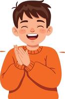 Happy boy clapping hands in orange sweater illustration of joyful child expressing excitement and fun vector