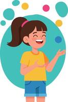 Happy girl standing and laughing with colorful circles illustration in portrait orientation vector