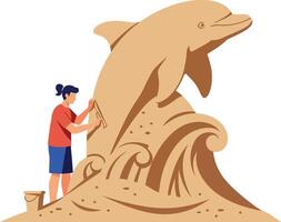 Sand sculpture of dolphin with person creating art on beach illustration vector