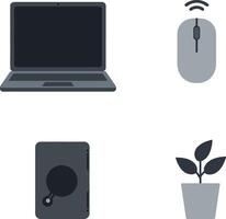 Laptop computer wireless mouse notebook and potted plant icons set vector