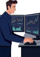 Man analyzing financial data on dual computer monitors in office setting business illustration vector