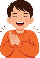 Laughing happy boy in orange sweater clapping hands illustration smiling child joy vector