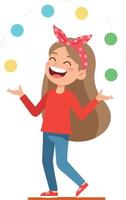 Girl Juggling Colorful Balls in Red Shirt and Blue Jeans Happy Activity vector