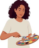 Woman painting with color palette and brush creating artistic expression illustration vector