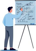 Man presenting business growth and financial data on flip chart in office setting illustration vector