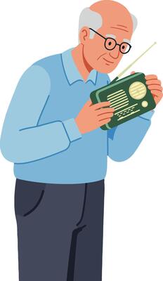 Elderly man listening to radio with antenna indoors lifestyle technology illustration