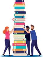 Group of diverse people stacking tall pile of colorful books in teamwork concept illustration vector