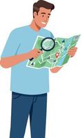 Man exploring map with magnifying glass for travel planning and navigation illustration vector