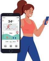 Woman Using Fitness Tracker Phone App for Running and Step Counting Illustration vector