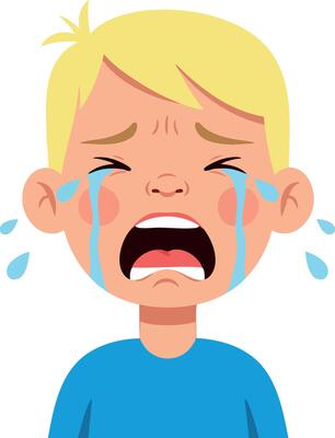 Crying boy with tears streaming down face in blue shirt illustration
