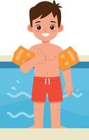 Boy with orange arm floaties swimming pool summer fun child safety illustration vector