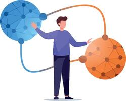 Man Connecting Blue and Orange Network Nodes Technology Concept Illustration vector