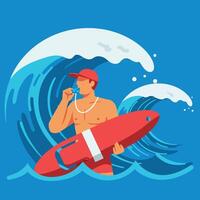 Lifeguard holding rescue board blowing whistle in ocean waves illustration vector