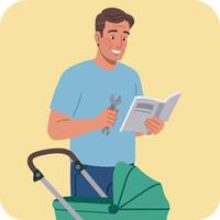 Man Assembling Baby Stroller with Instruction Manual and Wrench Illustration vector