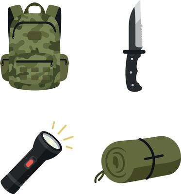 Camping gear set with camouflage backpack knife flashlight and rolled mat