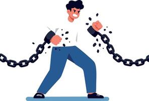 Man breaking free from chains symbolizing liberation and strength in illustration vector