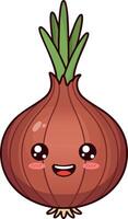 Cute happy onion vegetable character with green leaves and smiling face illustration vector