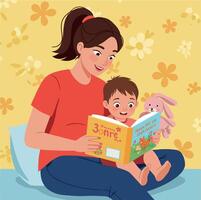 Mother reading book with child and stuffed bunny in cozy home setting family bonding vector