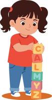 Little girl playing with colorful alphabet blocks stacking letters vertically illustration vector