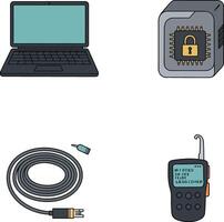 Laptop computer secure chip network cable and walkie talkie icons technology devices illustration vector