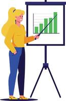 Woman presenting green bar chart on tripod flipchart in office setting illustration vector