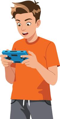 Boy Playing Game with Blue Console Wearing Orange Shirt and Gray Pants Illustration