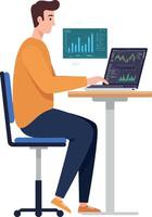 Man analyzing financial data on laptop with digital charts in modern office setting vector