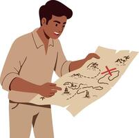 Explorer analyzing treasure map with red X mark in adventure quest scene vector