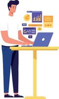 Young man working on laptop with digital analytics and charts in modern workspace vector